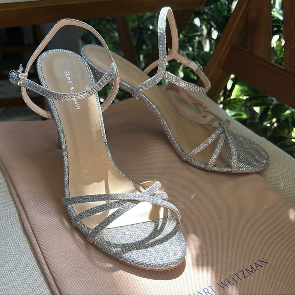 Stuart Weitzman silver sparkle strappy heels